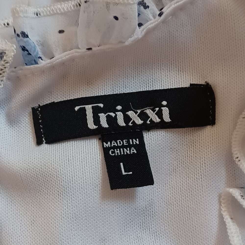 LIKE NEW!  Trixxi Blue & White Floral Ruffle Trim Romper Size Large - Picture 7 of 9